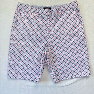Lands End Shorts Women Sz 10 Mid-Rise Blue Pink Diamond Print Bermuda Chino‎